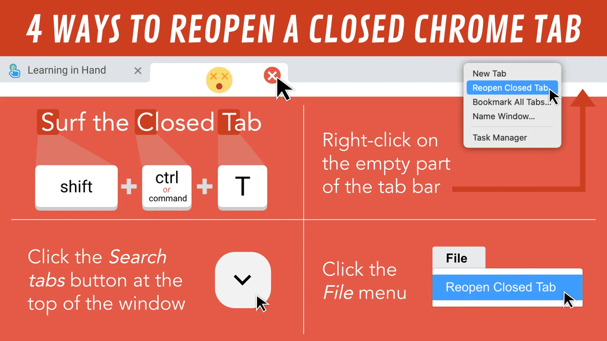 Tip Tuesday! It happens. You close a browser tab and then, oops, you realize you actually wanted to keep that tab open. You have options for reopening the closed tab in Chrome. #MACUL25

⌨️ Keyboard shortcut
🖱️ Right-click tab bar
⬇️ Search Tabs button
↖️ File menu