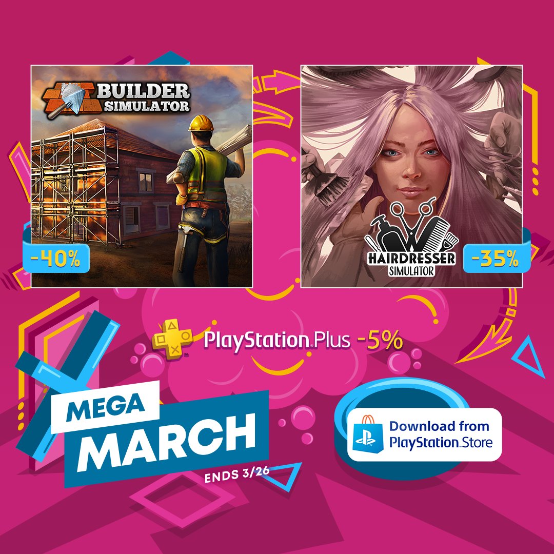 FrozenWayGames's tweet image. 🚨 Attention! It’s time for a MEGA discounts for #MEGAMarch!🚨
You can find Builder Simulator along with Hairdresser Simulator discounted on the PlayStation MEGA March Sale! Be sure to grab a 5% bigger discount with PlayStation Plus!

#PlayStation #BuilderSimulator
