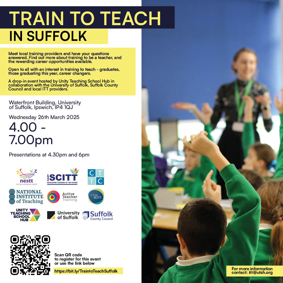 NESTT (@nestt_itt) on Twitter photo We're excited to attend <a href="/UnityTSH/">Unity Teaching School Hub</a> Get into Teaching event <a href="/UniofSuffolk/">University of Suffolk</a> A fantastic opportunity to gain real insight into our programmes & speak to our team! Register here: bit.ly/TraintoTeachSu… <a href="/ASSETEdu/">ASSET Education</a> <a href="/Suffolk_PHA/">Suffolk Primary Headteachers' Assocation</a> <a href="/suffolkcc/">Suffolk CC</a> <a href="/BBC_Teach/">BBC Bitesize for Teachers</a> <a href="/BBCRadioSuffolk/">BBCRadioSuffolk</a> <a href="/Suffolk_Sound/">Suffolk Sound Radio</a> We're excited to attend <a href="/UnityTSH/">Unity Teaching School Hub</a> Get into Teaching event <a href="/UniofSuffolk/">University of Suffolk</a> A fantastic opportunity to gain real insight into our programmes & speak to our team! Register here: bit.ly/TraintoTeachSu… <a href="/ASSETEdu/">ASSET Education</a> <a href="/Suffolk_PHA/">Suffolk Primary Headteachers' Assocation</a> <a href="/suffolkcc/">Suffolk CC</a> <a href="/BBC_Teach/">BBC Bitesize for Teachers</a> <a href="/BBCRadioSuffolk/">BBCRadioSuffolk</a> <a href="/Suffolk_Sound/">Suffolk Sound Radio</a>