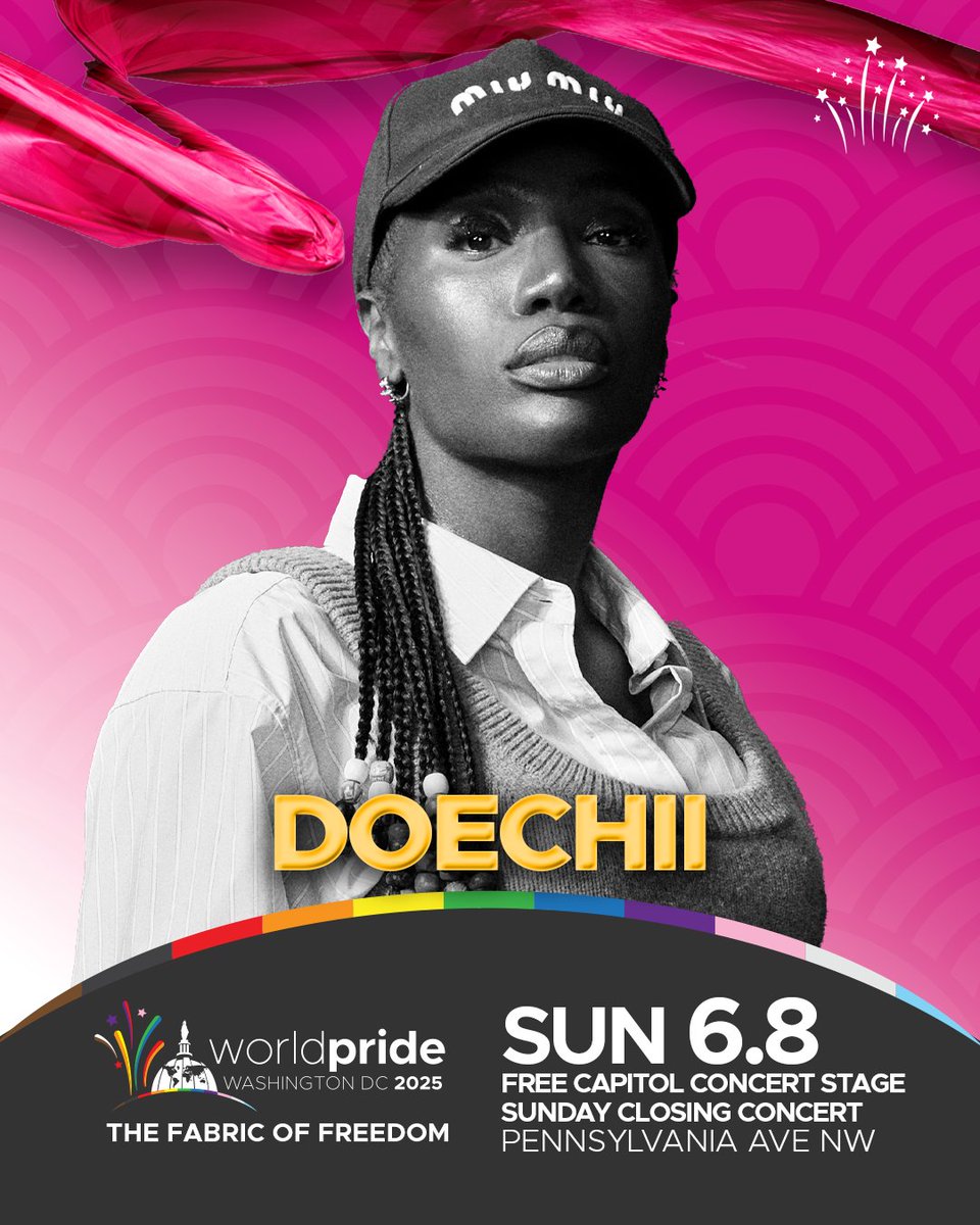 Jerry Houston (@radiohouston) on Twitter photo 👑🐊 Doechii is closing out WorldPride DC! 🐊👑
@Doechii is headlining the WorldPride DC 2025 FREE Street Festival & Closing Concert on Sun 6.8 and she’s bringing the heat to the Capitol Concert Stage! 🌈🔥
<a href="/CapitalPrideDC/">Capital Pride</a> #WorldPrideDC #WorldPride2025 #Doechii #SwampPrincess 👑🐊 Doechii is closing out WorldPride DC! 🐊👑
@Doechii is headlining the WorldPride DC 2025 FREE Street Festival & Closing Concert on Sun 6.8 and she’s bringing the heat to the Capitol Concert Stage! 🌈🔥
<a href="/CapitalPrideDC/">Capital Pride</a> #WorldPrideDC #WorldPride2025 #Doechii #SwampPrincess