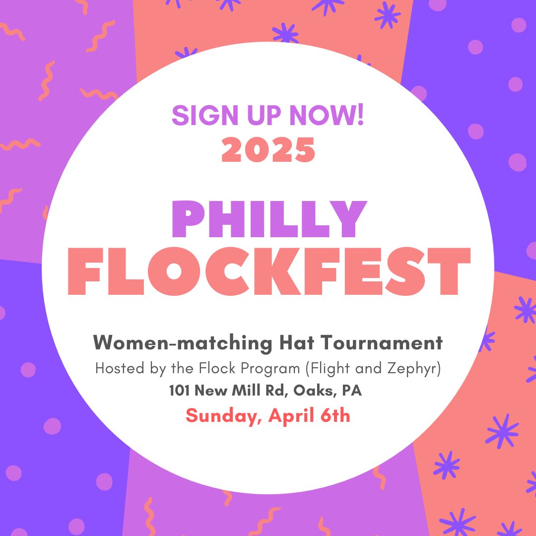 Sign up now for Flockfest! 🥳🦅

Returning with our 4th annual woman-matching hat tournament, Philadelphia Flock (Flight and Zephyr) are excited for a day full of fun and frisbee!

Sign up at the Linktree in bio or at pada.org/e/flockfest-20…