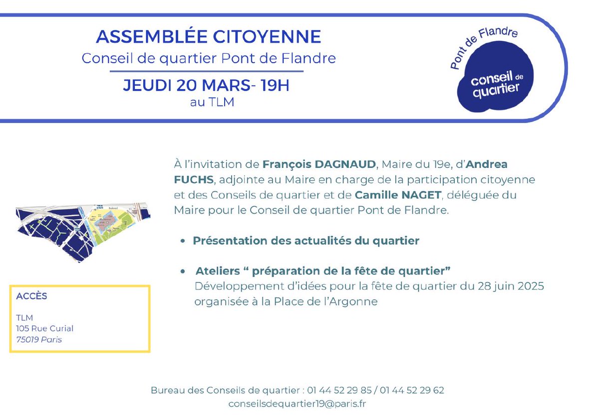 monquartier19's tweet image. SAVE THE DATE 📢 :
L'assemblée citoyenne du conseil de quartier Pont de Flandre se tiendra le jeudi 20 mars, au TLM à 19h.
Venez nombreuses et nombreux découvrir les actualités du quartier et participer aux ateliers !
#participationcitoyenne #PontDeFlandre #ConseilDeQuartier