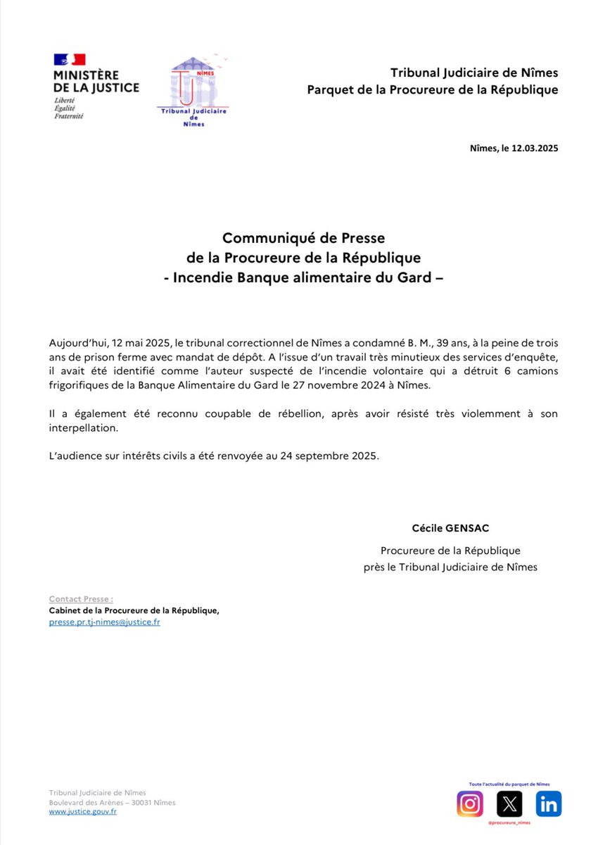 Suites pénales incendie banque alimentaire - Nîmes ⬇️