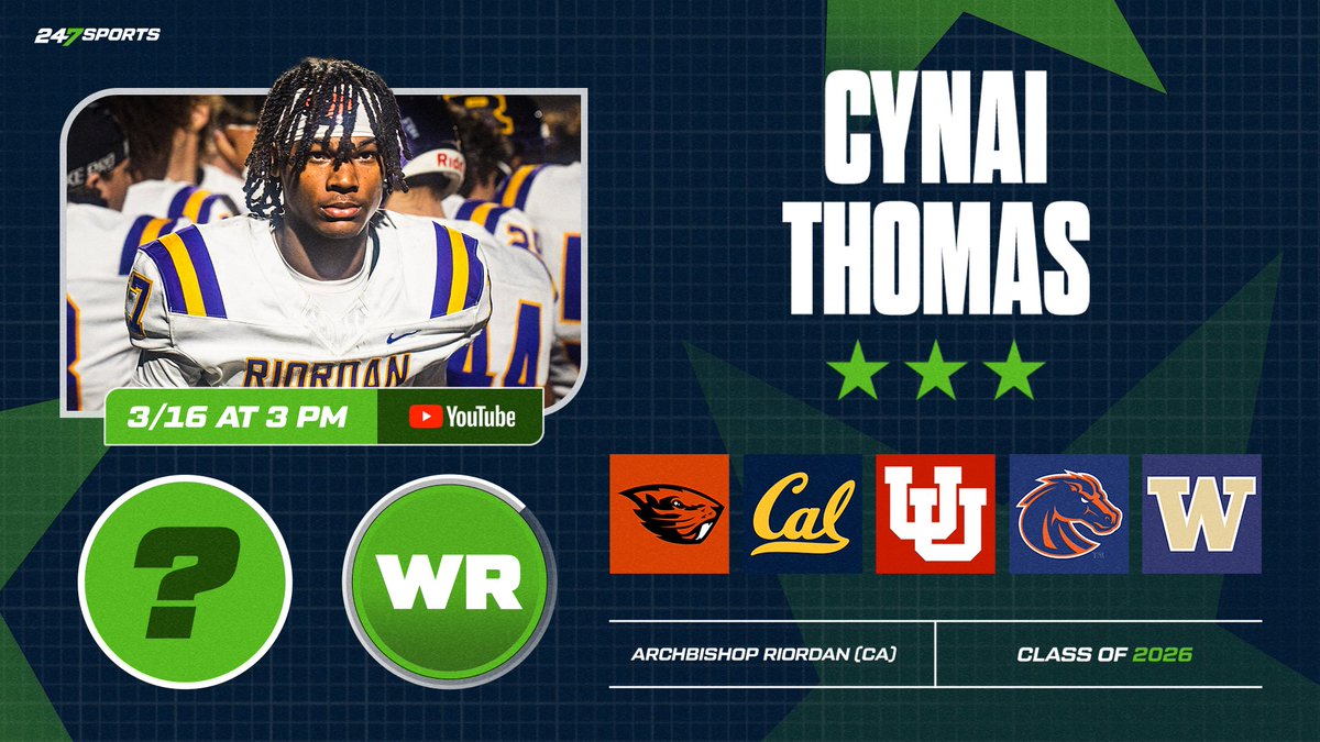 San Francisco (Calif.) Archbishop Riordan receiver Cynai Thomas will announce his decision on Sunday at 3 p.m. on the <a href="/247Sports/">247Sports</a> YouTube Channel 247sports.com/article/wr-cyn…