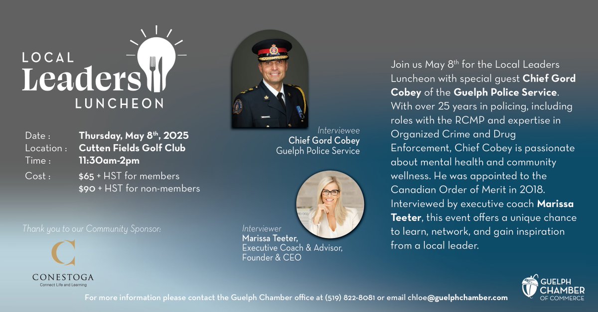 🤝 Join us May 8th for the Local Leaders Luncheon with Chief Gord Cobey of the Guelph Police Service! With 25+ years in policing and a passion for mental health, he’ll share insights in an interview with executive coach Marissa Teeter. 
Don’t miss it! 🔗bit.ly/41FYUiY