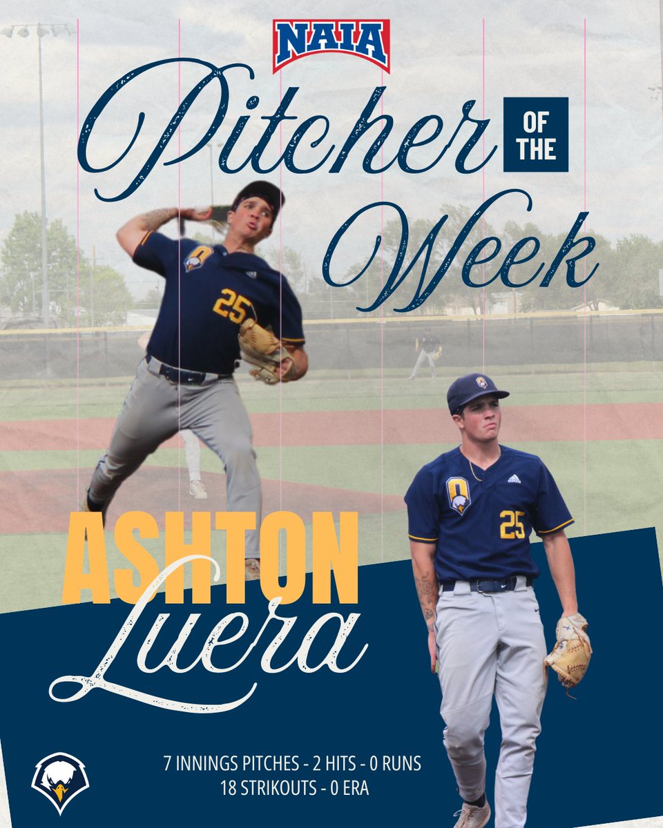 BSB: NAIA Pitcher of the Week ⚾

After a shutout performance on the mound against the York University panthers, right handed pitcher, Ashton Luera earned the NAIA National Pitcher of the Week Award!

Luera's Line: 7 IP | 18 K's | 2 Hits | 0 ERA

Congrats, Ashton!

#GoEagles