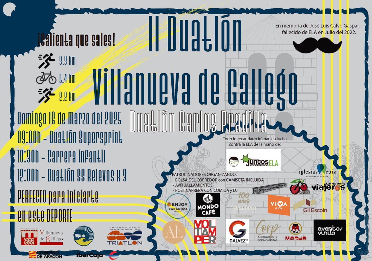 🔥🔥ÚLTIMO DÍA🔥🔥 
PARA INSCRIBIRSE AL II DUATLÓN DE VILLANUEVA (DUATLÓN CARLOS PRADILLA) que se celebrará el domingo 16 de Marzo del 2025 en la localidad de Villanueva de Gállego.

triatlonaragon.org/Competiciones/…

TODOS LOS BENEFICIOS IRÁN DESTINADOS A  <a href="/JuntosVencerELA/">JuntosVenceremosELA</a>