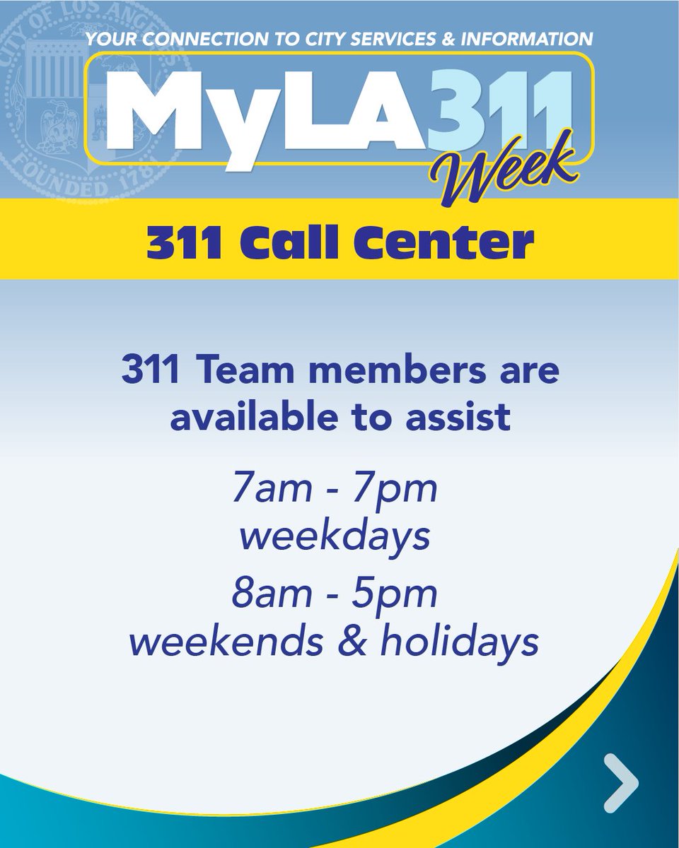 MyLA311's tweet photo. Getting Los Angeles City Information or Services is as easy as 1-2-3. Call 3-1-1 or 213-473-3231. Visit https://t.co/MYuPC4rVzV OR find our free app on your app store. 😊 #311Week, #LASTRONG, #MyLA311 https://t.co/uiMY0KzETy