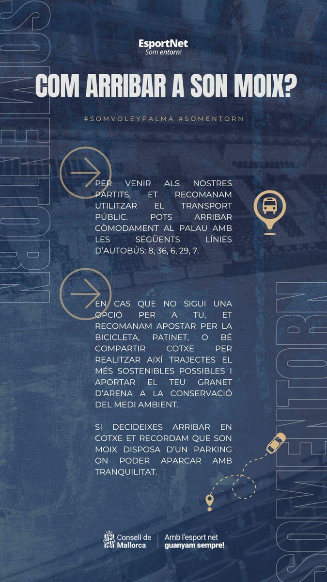 ⚠ De cara a aquest dissabte, cal tenir en compte que a les 16:15h comença el partit del RCD Mallorca al costat del poliesportiu i, per tant, pot haver-hi problemes d'aparcament. 

👉 Recomanam, a tothom qui pugui, assistir al partit en transport públic. 

#SomEquip #JugamALElit