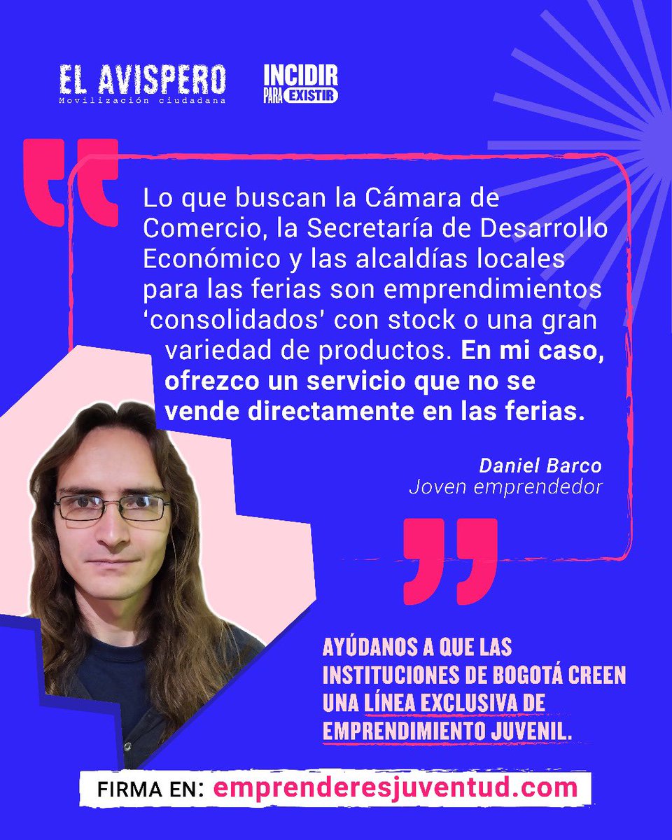 ✍️ Firma para apoyar el emprendimiento juvenil 👉 emprenderesjuventud.com 

¡Es hora de que las entidades entiendan el poder del emprendimiento juvenil! La juventud tiene ideas frescas, creatividad y una enorme capacidad para transformar la ciudad 🌍✨, pero necesitan un respaldo