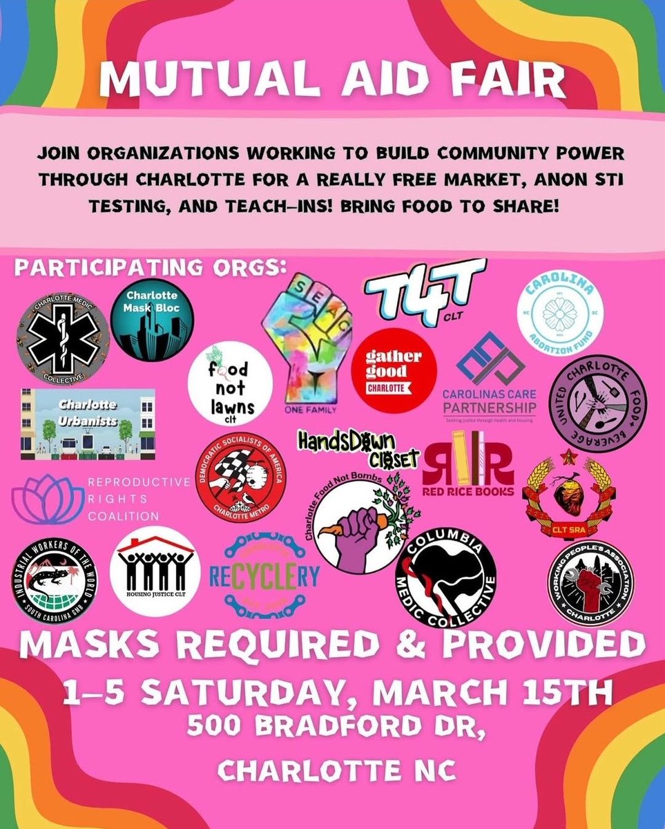 Mutual Aid Fair on March 13th 1-5PM in CLT, updated with a schedule of the teach-ins!
