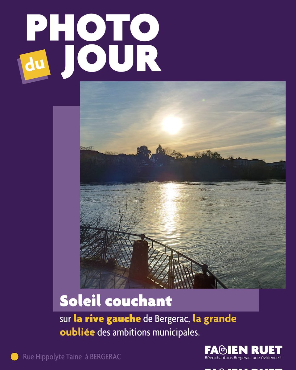 [BERGERAC 📸] 
Au debouché de la rue Hypolite Taine,  au soleil couchant, la rive gauche se dévoile de l'autre côté de notre majestueuse Dordogne.  Elle est la grande oubliée des ambitions municipales. Elle n'en conserve pas moins de sa magie. 
#Bergerac #bergeracmaville #pic