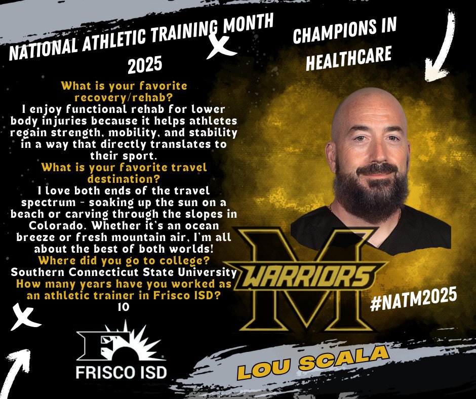 March is National Athletic Training Month!  
Huge thank you to Coach Lou for his dedication and athletic training services since @2018Memorial first opened! 🙌🏽 Your hard work keeps our athletes healthy and safe!
@friscoisdsports #NATM2025 #ChampionsInHealthcare #FISDAthletics