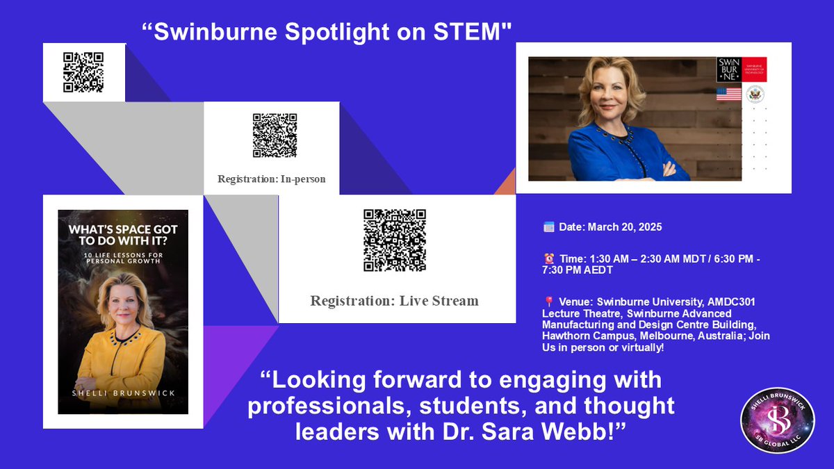 Shelli Brunswick (@shellibrunswick) on Twitter photo I’m thrilled to join <a href="/Swinburne/">Swinburne University of Technology</a>'s Spotlight on STEM on March 20, 2025, where I’ll discuss space innovation and actionable leadership in space alongside Dr. Sara Webb! Join Us! <a href="/WomenTechNet/">WomenTech Network</a> <a href="/WomeninAero/">Women in Aerospace</a>
#space #STEMLeadership #SpaceInnovation #Swinburne #STEM #SpaceTech I’m thrilled to join <a href="/Swinburne/">Swinburne University of Technology</a>'s Spotlight on STEM on March 20, 2025, where I’ll discuss space innovation and actionable leadership in space alongside Dr. Sara Webb! Join Us! <a href="/WomenTechNet/">WomenTech Network</a> <a href="/WomeninAero/">Women in Aerospace</a>
#space #STEMLeadership #SpaceInnovation #Swinburne #STEM #SpaceTech
