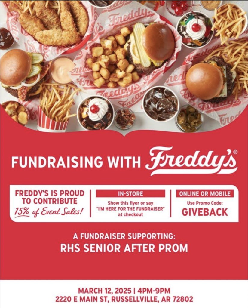 Thank you to Freddy's for hosting a fundraiser today from 4:00-9:00 for RHS After Prom. Make sure to tell your cashier, "I'm here for the fundraiser."