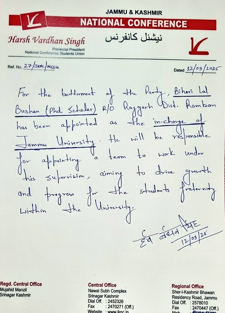 Congratulations to PHD scholar Bihari Lal Bushan being appointed as incharge of Jammu University WEF 12/03/2025 by order JKNCSU <a href="/HarshvardhanNc/">Harsh Vardhan Singh</a> 
<a href="/JKNC_/">JKNC</a>