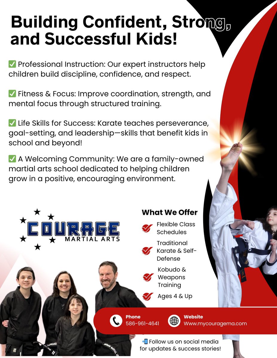 mycouragema's tweet image. Parents, are you looking for an activity that builds confidence, focus, and success for your child?

Learn more: mycouragema.com

#CourageMartialArts #KarateForKids #Confidence #Focus #Success
