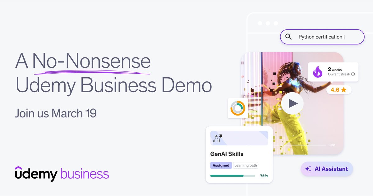 30 minutes to reimagine how your team learns.

Join us for a full tour of the Udemy Intelligent Skills Platform and its AI-enabled features.

You won't want to miss it. RSVP ➡️ bit.ly/3R2pgp6