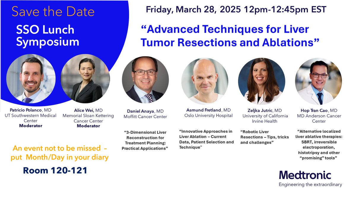 Julie Hallet (@halletjulie) on Twitter photo 📢More HPB cancer surgery content at #SSO2025
Add this lunch to your agenda!
Advanced techniques in liver surgery
3D imaging 🖥️ <a href="/DanielAnayaMD/">Daniel Anaya</a>
Ablation💥 <a href="/AAFretland/">Åsmund A. Fretland</a> <a href="/HopSTranCao/">Hop S. Tran Cao</a>
Robotics🤖 w Z. Jutric 📢More HPB cancer surgery content at #SSO2025
Add this lunch to your agenda!
Advanced techniques in liver surgery
3D imaging 🖥️ <a href="/DanielAnayaMD/">Daniel Anaya</a>
Ablation💥 <a href="/AAFretland/">Åsmund A. Fretland</a> <a href="/HopSTranCao/">Hop S. Tran Cao</a>
Robotics🤖 w Z. Jutric