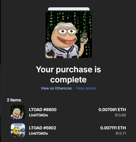 GoldNutter's tweet photo. @TheLinkPanda @chainlinktoad @truflation Do I stake them somewhere or what 🥳

Proud owner of 2 toads frens $Apu $LINK 
I has evolved #toadlife https://t.co/1ZYw5WXq9b