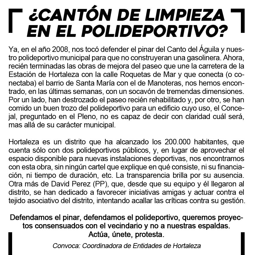 Hola David Pérez, ¿sabes ya que van a construir en los terrenos del polideportivo y del pinar? ¿Puedes informar al vecindario de porqué tenemos un agujero gigante en el distrito o nos vas a seguir hablando de Aldama?