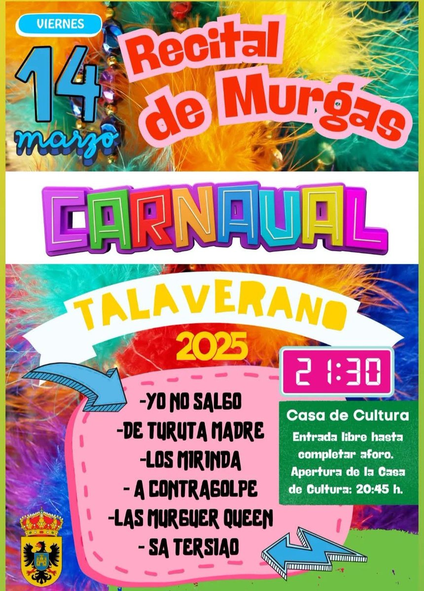 MurgaSaTersiao (@murgasatersiao) on Twitter photo Nos vemos el viernes en TALAVERA.
<a href="/YoNoSalgo/">Murga Yo No Salgo</a> <a href="/LOSMIRNDA/">Murga Los Mirinda</a> <a href="/DeTurutaMadre/">Murga De Turuta Madre</a> <a href="/A_ContraGolpe/">Murga A ContraGolpe</a> <a href="/MQMurguerQueen/">Murga Murguer Queen</a> Nos vemos el viernes en TALAVERA.
<a href="/YoNoSalgo/">Murga Yo No Salgo</a> <a href="/LOSMIRNDA/">Murga Los Mirinda</a> <a href="/DeTurutaMadre/">Murga De Turuta Madre</a> <a href="/A_ContraGolpe/">Murga A ContraGolpe</a> <a href="/MQMurguerQueen/">Murga Murguer Queen</a>