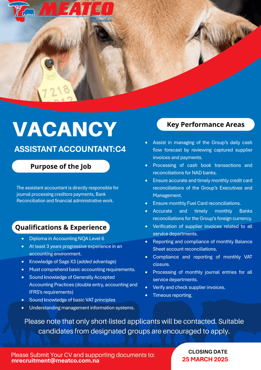 Job Opportunity with Us.
#Meatco4Nam #EmploymentCreator #AssistantAccountant