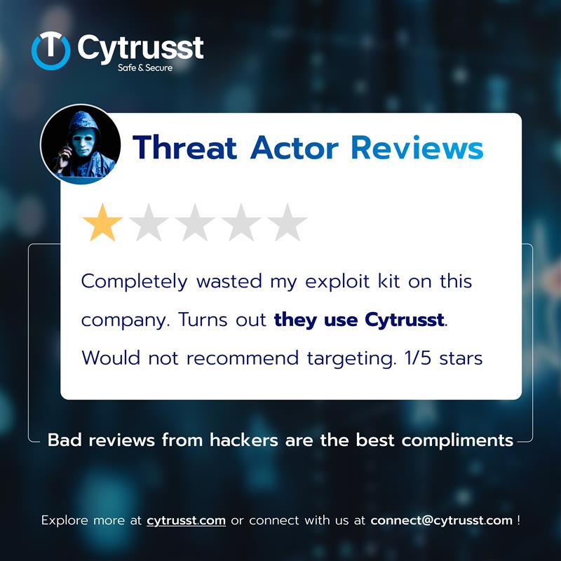 cytrusst's tweet image. 😂 1-Star Hacker Review!

Completely wasted my exploit kit… they use #Cytrusst Would not recommend targeting.

That’s the kind of bad review we LOVE!

#CyberFails #HackerProblems #ThreatActorReviews #StaySecure #Cytrusst #CyberSecurity