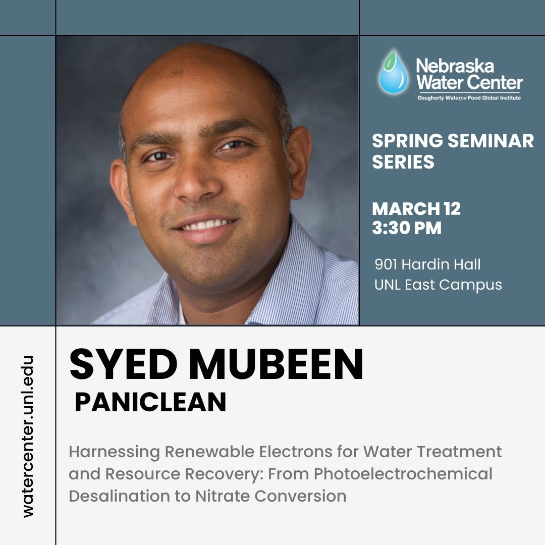 Join us this afternoon to hear Syed Mubeen from <a href="/paniclean/">PaniClean</a> discuss water treatment and nutrient recovery as part of the Spring Seminar Series.  

🗓️March 12, 3:30 - 4:30 p.m.  
📍901 Hardin Hall, UNL East Campus