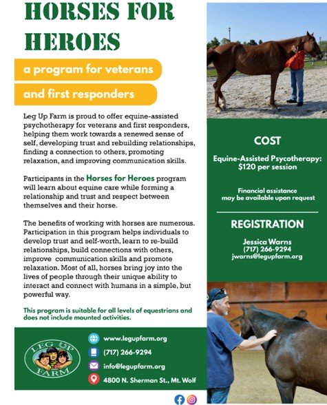 Leg Up Farm is currently offering equine therapy free-of-charge for any first responder impacted by the UPMC active shooter incident as well as to the UPMC staff who were affected. Contact Jessica Warns in the flyer for more information.