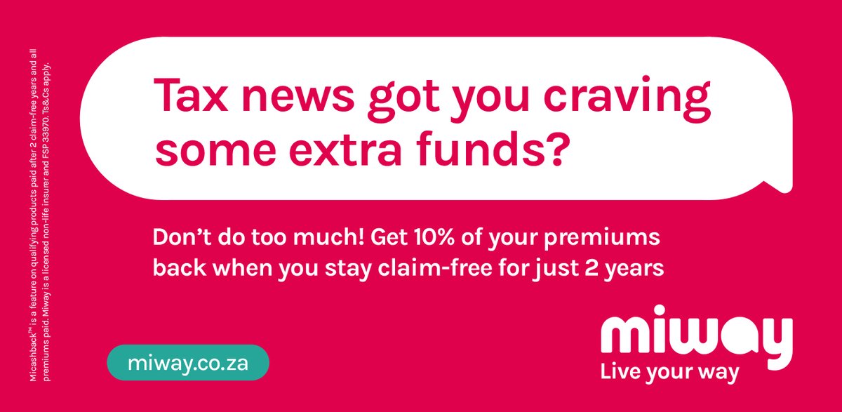 miwayinsurance's tweet photo. Feeling the pinch from the 0.5% tax hike? 💸 #Micashback™️ is here to ease the squeeze! Get 10% of your premiums back when you stay claim-free for just 2 years https://t.co/V9hyAxbrN7. Smart savings for tough times! #BudgetSpeech2025 #Micashback™️ https://t.co/2Ty2aPIgXX