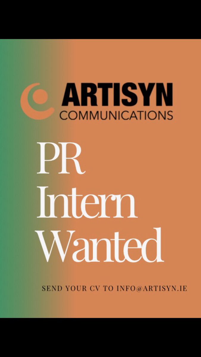 Artisyn Communications (@artisynpr) on Twitter photo We’re on the hunt for an intern. Email your CV to info@artisyn.ie #internwanted #internneeded #internireland We’re on the hunt for an intern. Email your CV to info@artisyn.ie #internwanted #internneeded #internireland