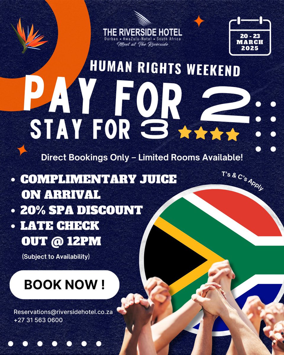 🌟 **HUMAN RIGHTS WEEKEND SPECIAL!** 🇿🇦✨  

Celebrate Human Rights Weekend with an amazing offer at **The Riverside Hotel!**  

🛌 **PAY FOR 2, STAY FOR 3!**  
📞 **Book Now:** +27 31 563 0600 | Reservations@riversidehotel.co.za  

Don't miss out on this incredible deal! 🙌