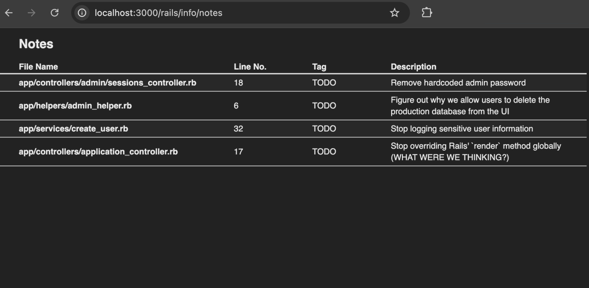 In Rails 8, you can now access your notes directly in the browser by visiting `GET /rails/info/notes`!

Small details like this are why we love <a href="/rails/">Ruby on Rails</a>! 💚

#rubyonrails