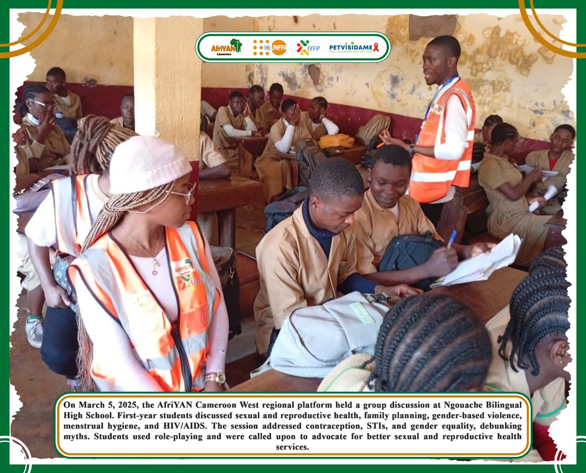 AfriYAN_Camer's tweet photo. Platform regional #YouthFP West empowered Lower Sixth students at Government Bilingual High School #Ngouache with critical knowledge on #SRH, #FP, #GBV, #MHM, #HIV/AIDS & #PMTCT! Students engaged in interactive discussions, role-playing & problem-solving.
#PutYoungPeopleFirst https://t.co/74CZE5axPO