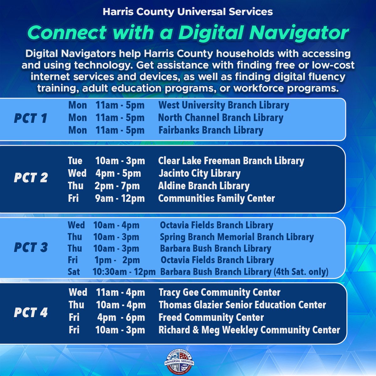 Harris County Universal Services (@hcus_tx) on Twitter photo Attention: Our Digital Navigators have added classes in <a href="/hcpct1/">Office of Harris County Commissioner Rodney Ellis</a>! Visit lnkd.in/gkuyR5cG to sign up for a computer basics class or visit them at a <a href="/harriscountypl/">Harris County Public Library</a> location for assistance in finding resources for low-cost internet and devices. Attention: Our Digital Navigators have added classes in <a href="/hcpct1/">Office of Harris County Commissioner Rodney Ellis</a>! Visit lnkd.in/gkuyR5cG to sign up for a computer basics class or visit them at a <a href="/harriscountypl/">Harris County Public Library</a> location for assistance in finding resources for low-cost internet and devices.