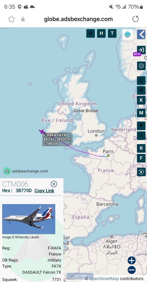 Borrowed7Time's tweet photo. French Govt. Dassault Falcon 7X F-RAFA #3B770D as CTM006 en route to Quebec. FM Jean-Noël Barrot likely on board & will attend the G7 FM meeting.
@sipjack1776 https://t.co/22UhRibC09