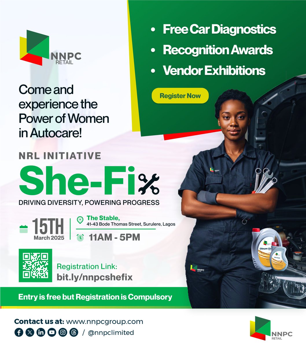 nnpclimited's tweet photo. Come and experience the Power of Women in Autocare!

We invite you to celebrate women with us at the #NNPCSheFix, a first-of-its-kind female-led vehicle diagnostics event.

It will feature free car diagnostics, panel discussions, vendor exhibitions, and more.

Date: Saturday, 15th March 2025
Venue: The Stable, 41-43 Bode Thomas St, Surulere, Lagos

Tag a friend and spread the word. Visit https://t.co/PVqT6gPofB to register immediately.

#WomensMonth 
#NNPCRetail 
#EnergyForToday 
#EnergyForTomorrow
