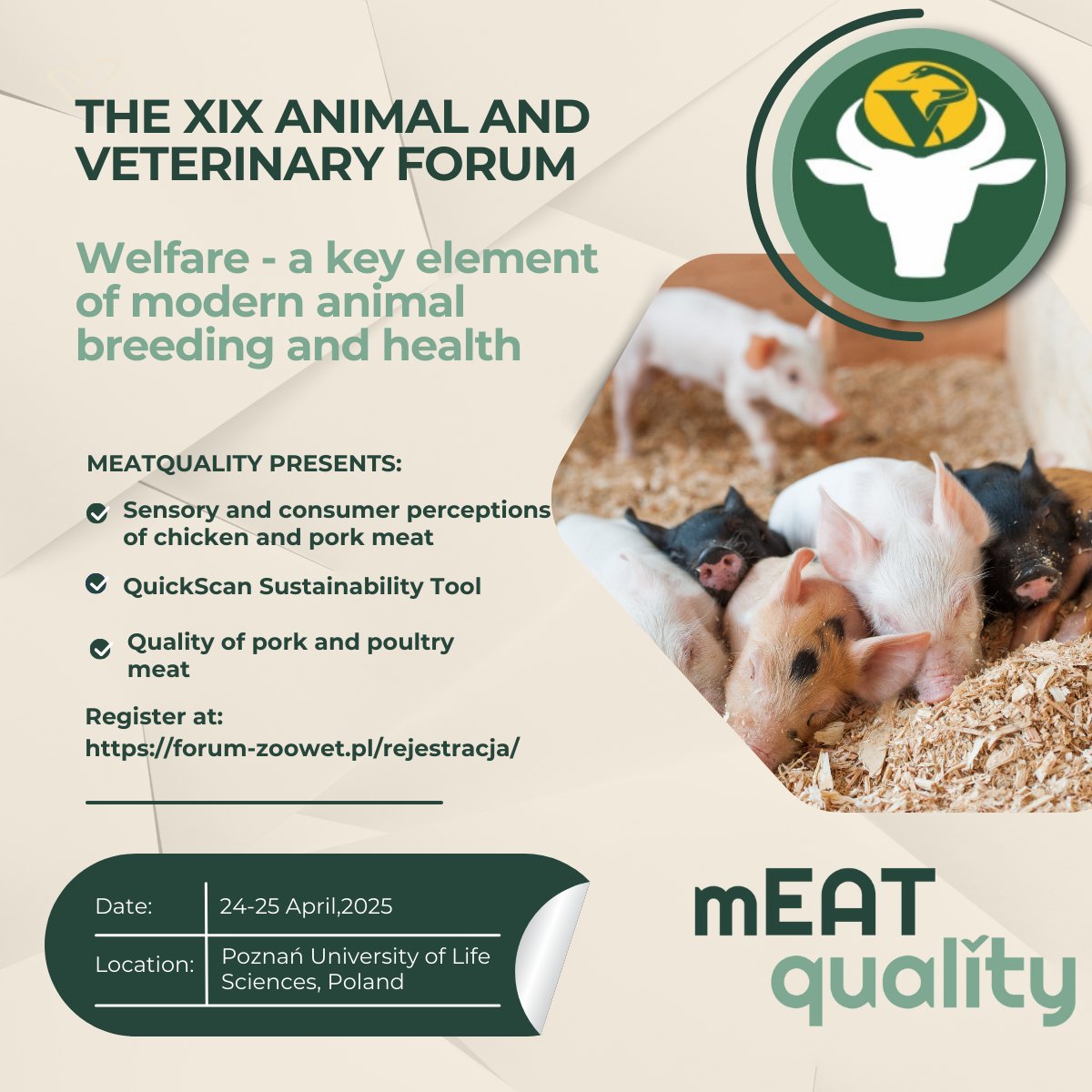 Register for the XIX Zootechnical-Veterinary Forum! 
April 25th, at Poznań, Poland.
<a href="/mEATqualityEU/">mEATquality</a> will be featured in key sessions on animal welfare and meat quality.
🔗 Register here forum-zoowet.pl/rejestracja/
<a href="/WUR/">Wageningen U&R</a> @up_poznan <a href="/crpasocial/">CRPA</a> <a href="/AarhusUni_int/">Aarhus University</a> <a href="/Ecovalia/">Ecovalia</a> <a href="/EU_H2020/">Horizon 2020</a>
