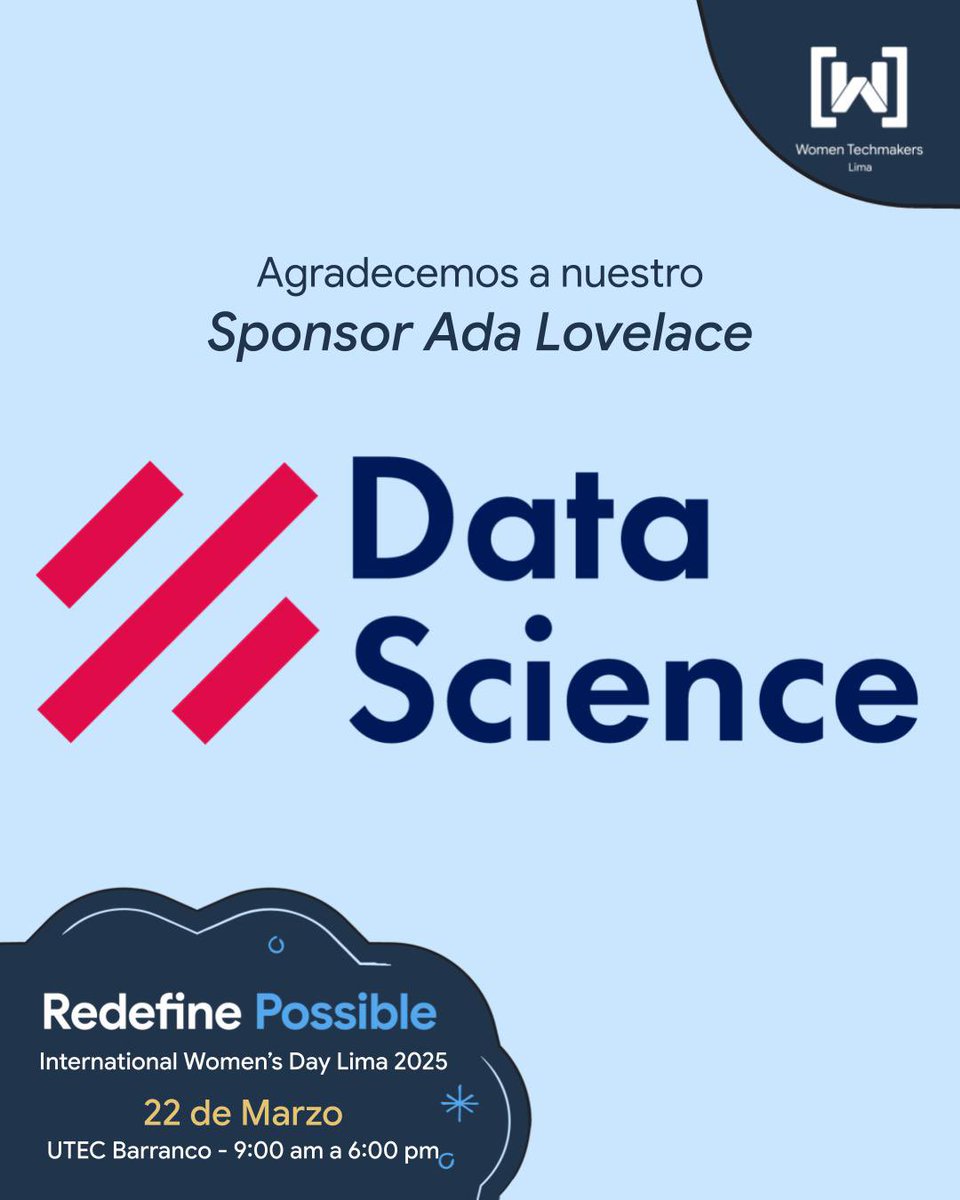 WTMLima's tweet image. 💙 ¡Gracias, Data Science Research Perú por apoyar #IWDLima2025! 🚀
Su compromiso con la comunidad de Data Science impulsa el cambio y la innovación. ¡Sigamos creando impacto juntos!
📅 22 de marzo | 📍 UTEC, Barranco
🔗 wtmlima.com/iwd-2025
#IWDLima25 #IWDLatam #IWD #DSRP
