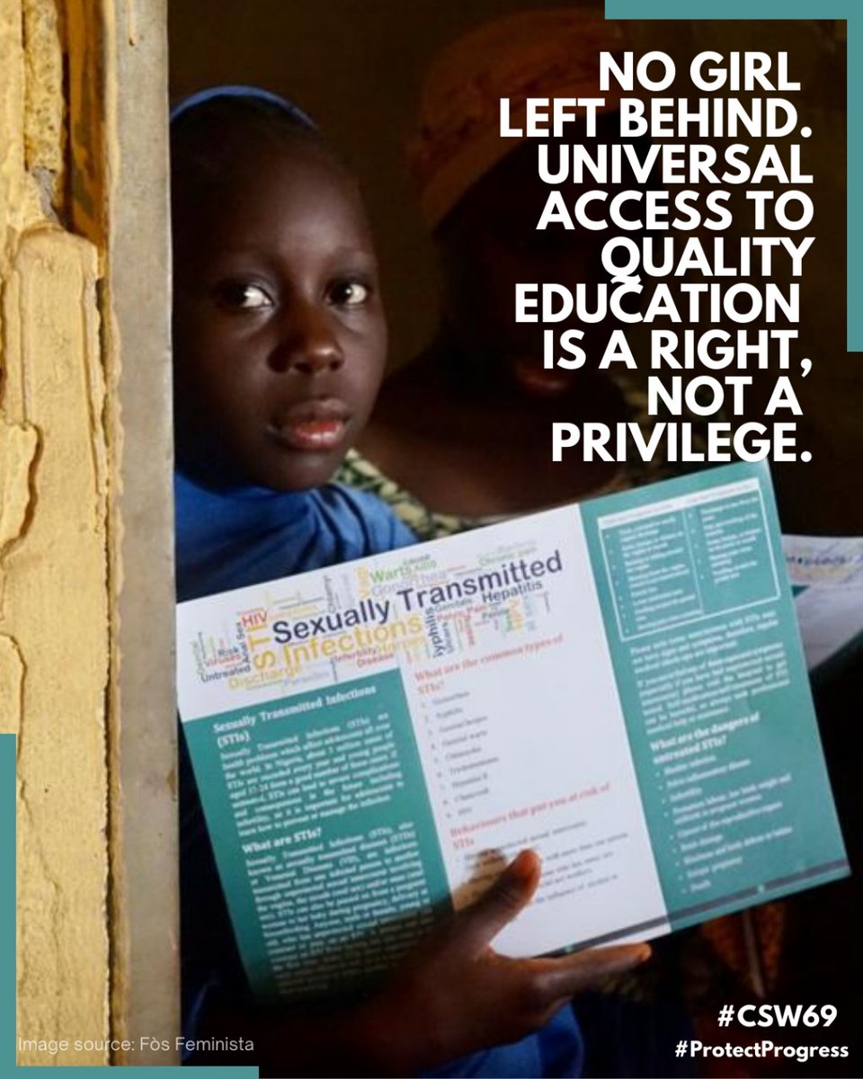 #Genderequality starts with education. Strengthening universal access to education for women &amp; girls in ALL their diversity, including comprehensive sexuality education, is non-negotiable. Right to inclusive, equitable, quality education is fundamental
#CSW69 #ProtectProgress