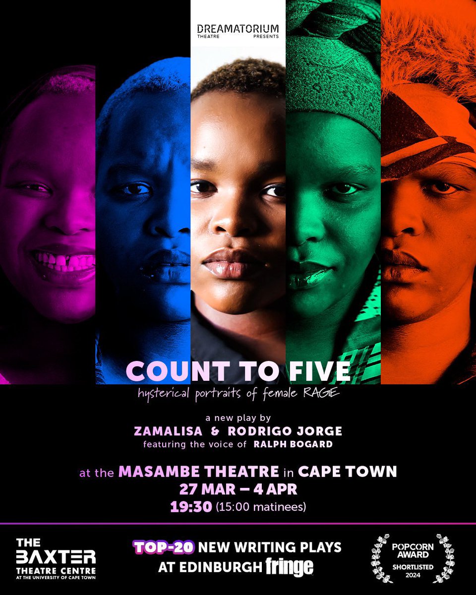 I’m beaming with pride 🎭😍🥂. My sister is about to take on the <a href="/BaxterTheatre/">Baxter Theatre</a> stage with her brilliant one woman play. Edinburgh and London loved it; it’s your turn Cape Town 💫. 

27 March - 4 April (except 30 &amp; 31 March)
19:30 (15:00 matinees on selected days) #CountToFIVE