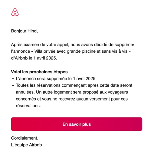 lanetworkeuse's tweet photo. @Airbnb I’m deeply disappointed with the message I received this morning. After 4 years as a Superhost, my listing #50946589 has been removed. It’s frustrating to see my dedication and hard work disregarded. I hope you reconsider this decision. @airbnb_fr @AirbnbHelp https://t.co/5C5HxNsLH1
