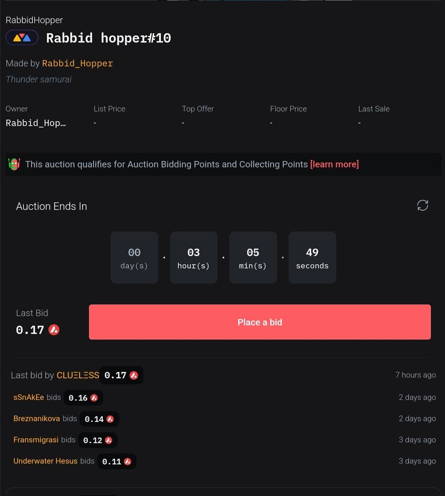 RabbidHopper's tweet photo. GM

latest auction info❗❗

Last bid from @clueless_xn

thank you all who have participated♥️♥️
@FreshModeSP
@Breznanikova
@Fransmigrasi
@WoshiguruA

Last bid 🎯0.17Avax
Time Remaining  3H

Don't miss this one friends 🔥♥️

#AVAX #nft https://t.co/WMztbXJpT5
