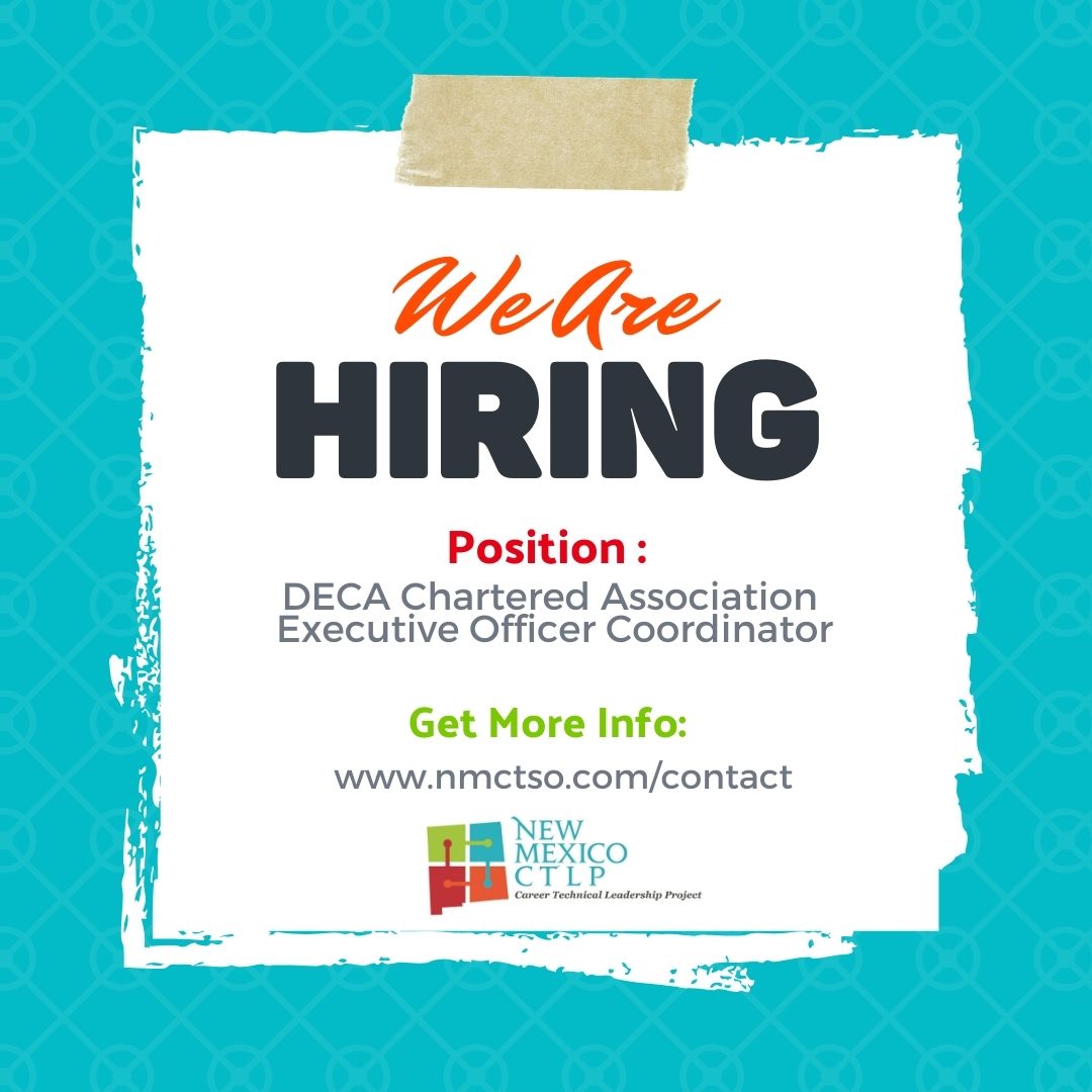 CTLP (@nmctlp) on Twitter photo Heads up! #NMDECA is hiring for an Executive Officer Coordinator! Get more information by visiting nmctso.com/contact and scrolling to the bottom! Interested in applying? Email your Letter of Interest and Resume to deca@nmctso.com by March 25, 2025! #IAMNMCTSO @nmdeca Heads up! #NMDECA is hiring for an Executive Officer Coordinator! Get more information by visiting nmctso.com/contact and scrolling to the bottom! Interested in applying? Email your Letter of Interest and Resume to deca@nmctso.com by March 25, 2025! #IAMNMCTSO @nmdeca