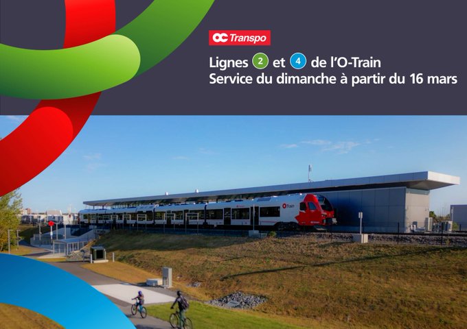 O-Train d'OC Transpo dans à une station. Des lignes rouges, vertes et bleues tourbillonnent à gauche. La légende indique « Lignes 2 et 4 de l’O-Train Service du dimanche à partir du 16 mars.» 