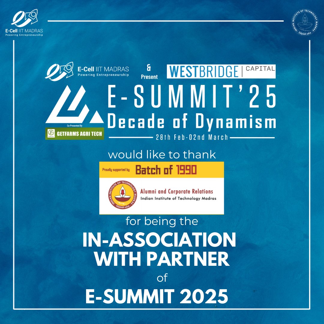 Heartfelt gratitude to IIT Madras Alumni Association (IITMAA) for being the In-Association With Partner of E-Summit 2025! Your support inspires future entrepreneurs and drives innovation-forward growth.

#esummit2025 #entrepreneurship #alumni #networking #ecell_iitm #iitm #iit