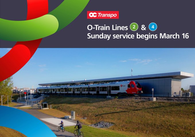 OC Transpo O-Train at a station. Red, green, and blue lines swirling on the left. Caption says “O-Train Lines 2 & 4 Sunday service begins March 16.” 