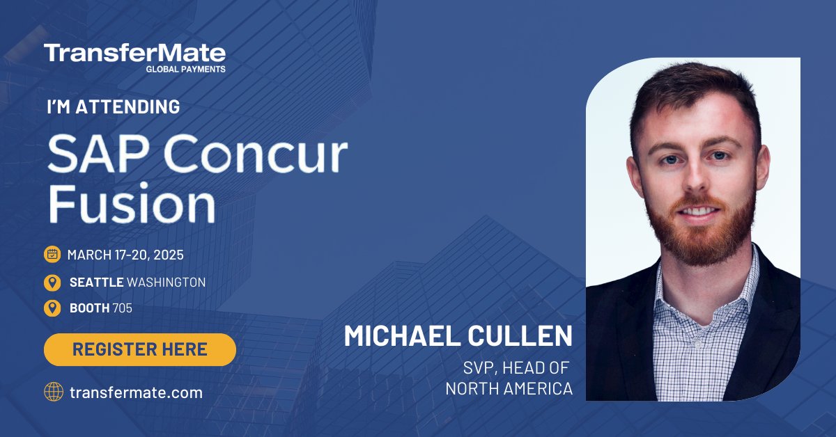Excited to be at <a href="/SAPConcur/">SAP Concur</a> Fusion in Seattle, March 17-20! 🚀

Come say hi at Booth #705 and let’s talk global payments + payment automation 💳🌍

Want to chat? Book time 👉 calendly.com/mcullen-4/sap-…

#SAPConcurFusion #Fintech #B2BPayments #TransferMate