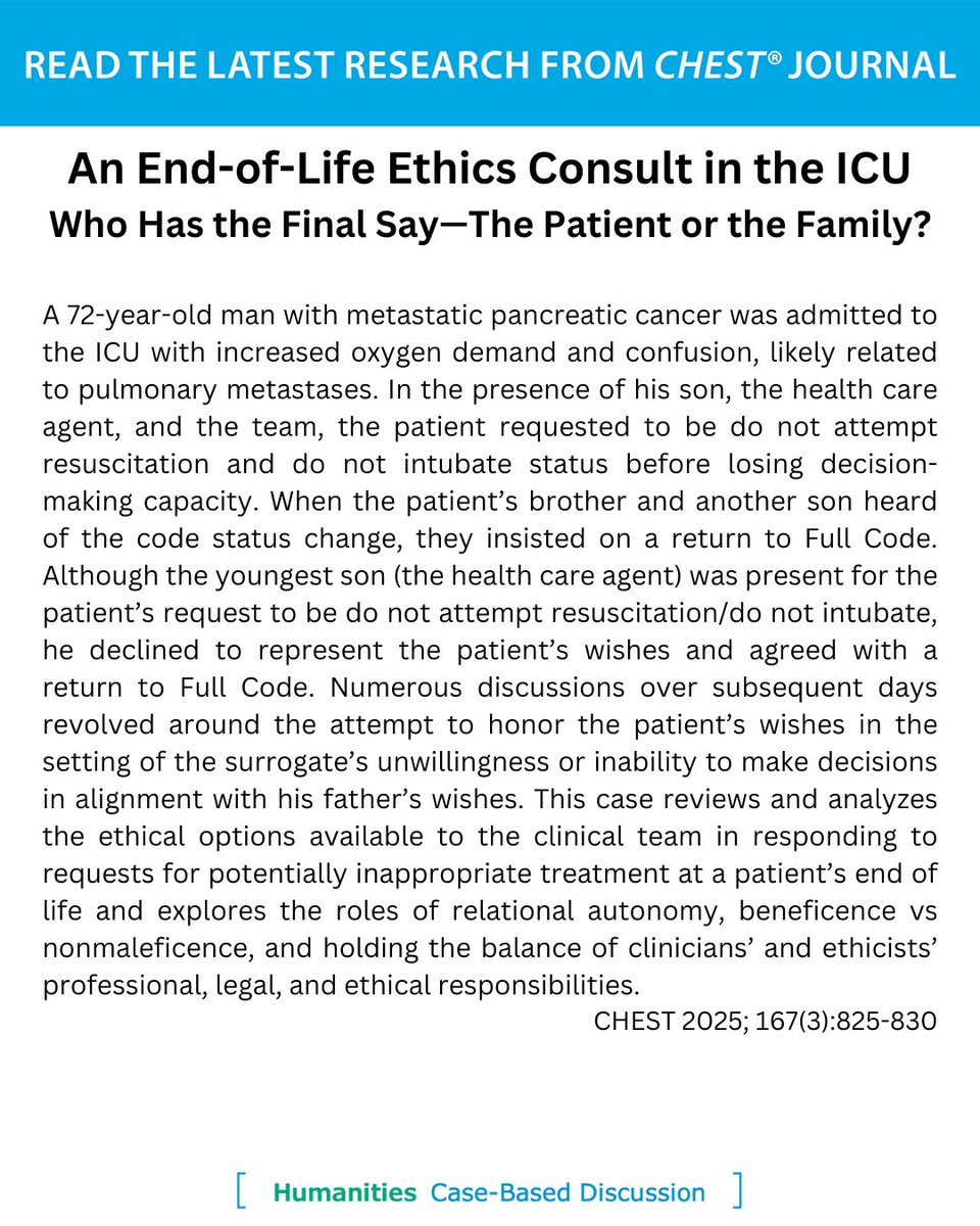 accpchest's tweet image. A case-based discussion in the March issue of the journal CHEST® asks, "Who has the final say: the patient or the family?"
Read the article: hubs.la/Q03blMYZ0
#MedEd #MedTwitter #EndOfLife